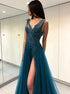 A Line V Neck Turquoise Tulle Prom Dress with Appliques and Beadings LBQ0245